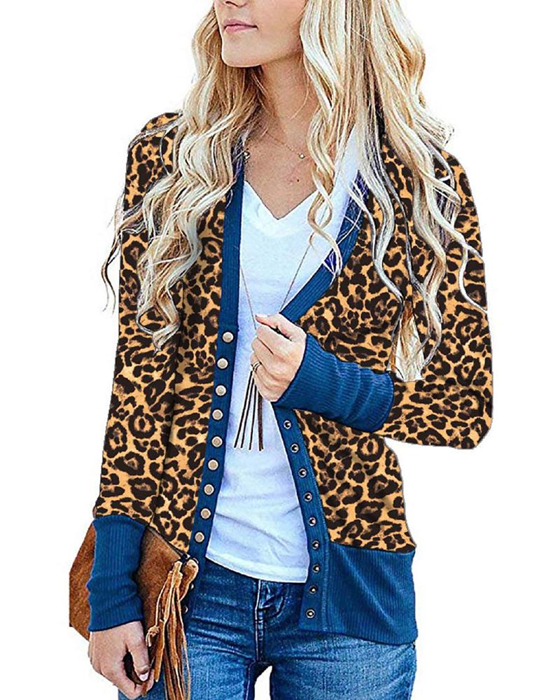 

Cheetah Print Buttoned Long Sleeve Coat, Blue