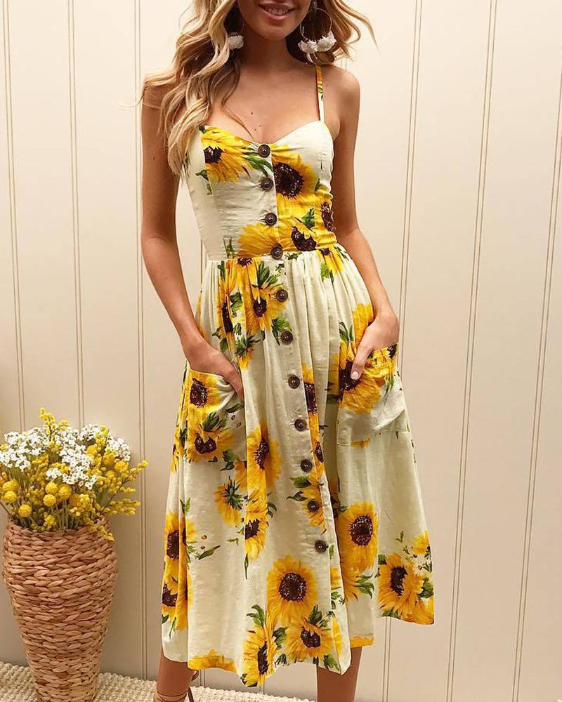 

Sunflower Print Spaghetti Strap Casual Dress, White