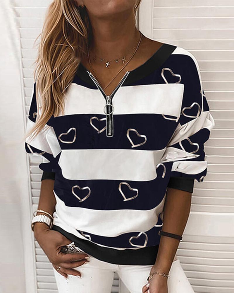

Heart Striped Print Colorblock Zipper Design Top, Black