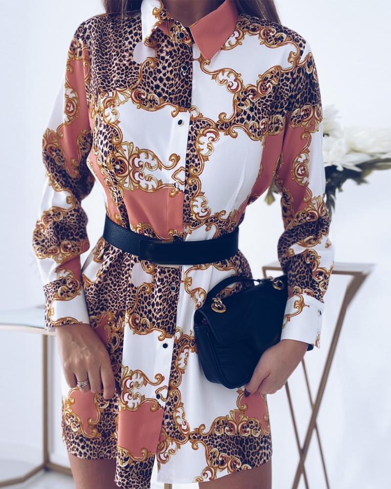 Baroque Leopard Print Long Sleeve Shirt Dress