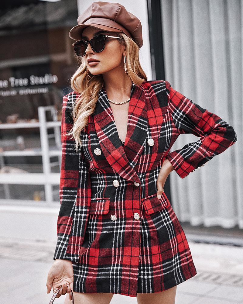 

Plaid Pattern Colorblock Buttoned Longline Blazer Coat, Red