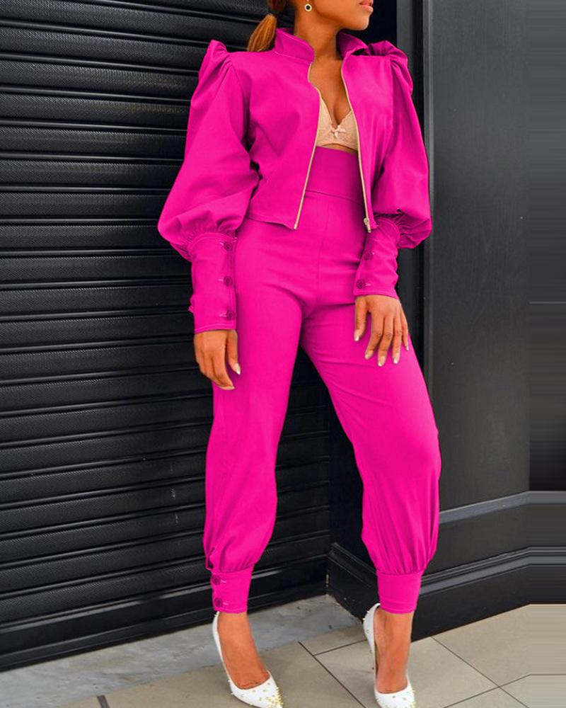 

Lantern Puff Sleeve Zipper Design Top & Pants Set, Hot pink