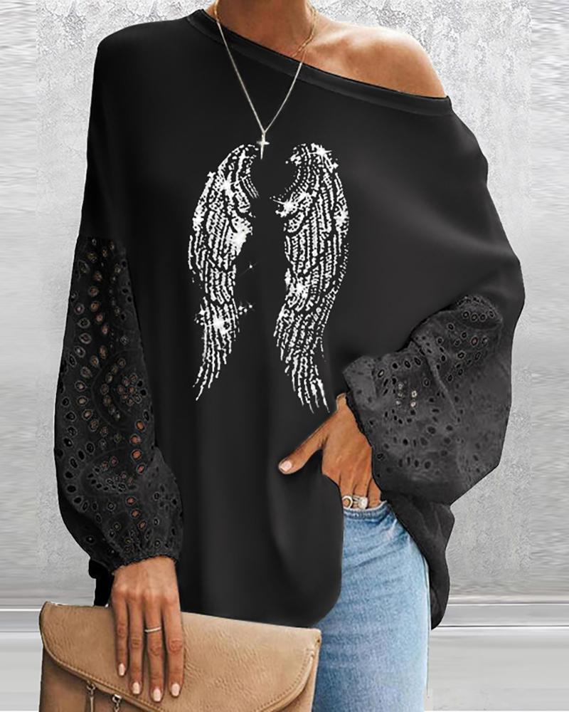 

Angle Wings Print Eyelet Embroidery Top, Black