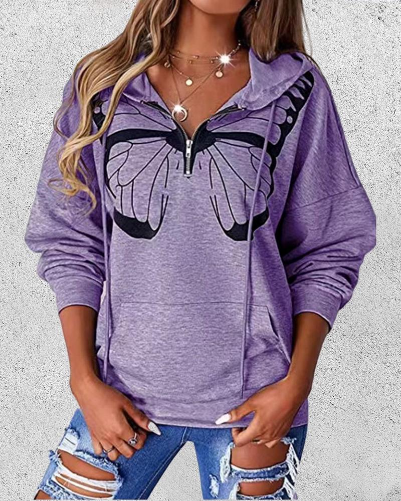 

Butterfly Print Zip Front Drawstring Hoodie, Purple