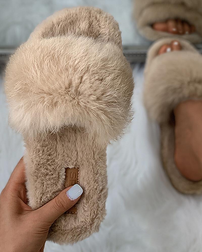 

Plain Fluffy Slippers, Khaki