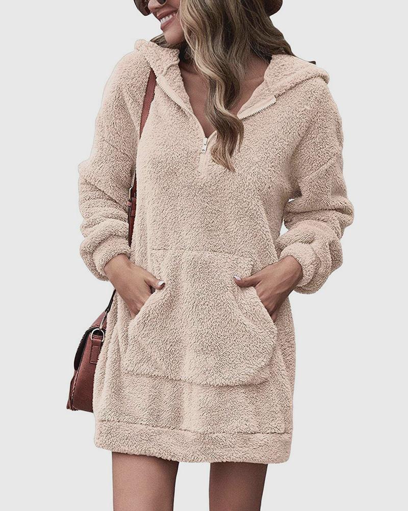 

Fuzzy Pocket Design Hooded Sweatshirt Dress, Khaki