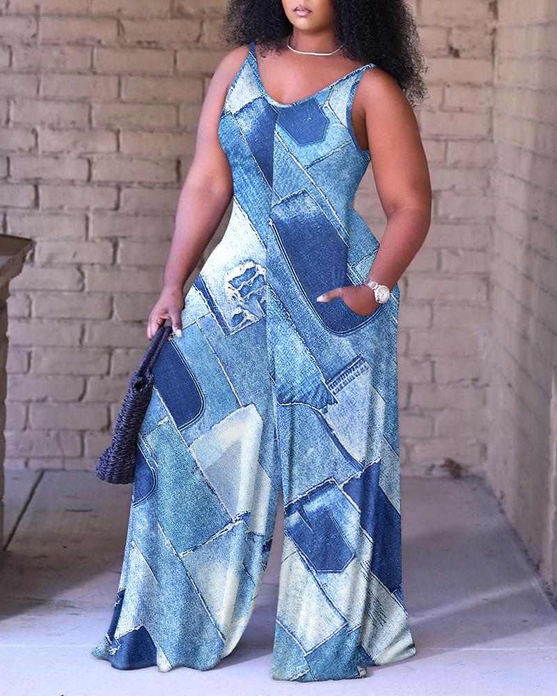 Plus Size Denim Look Print Wide Leg Jumpsuit