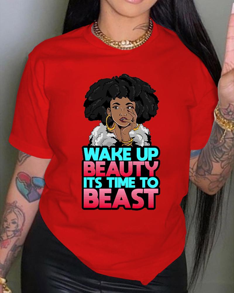 

Figure Letter Print Short Sleeve T-shirt, Red