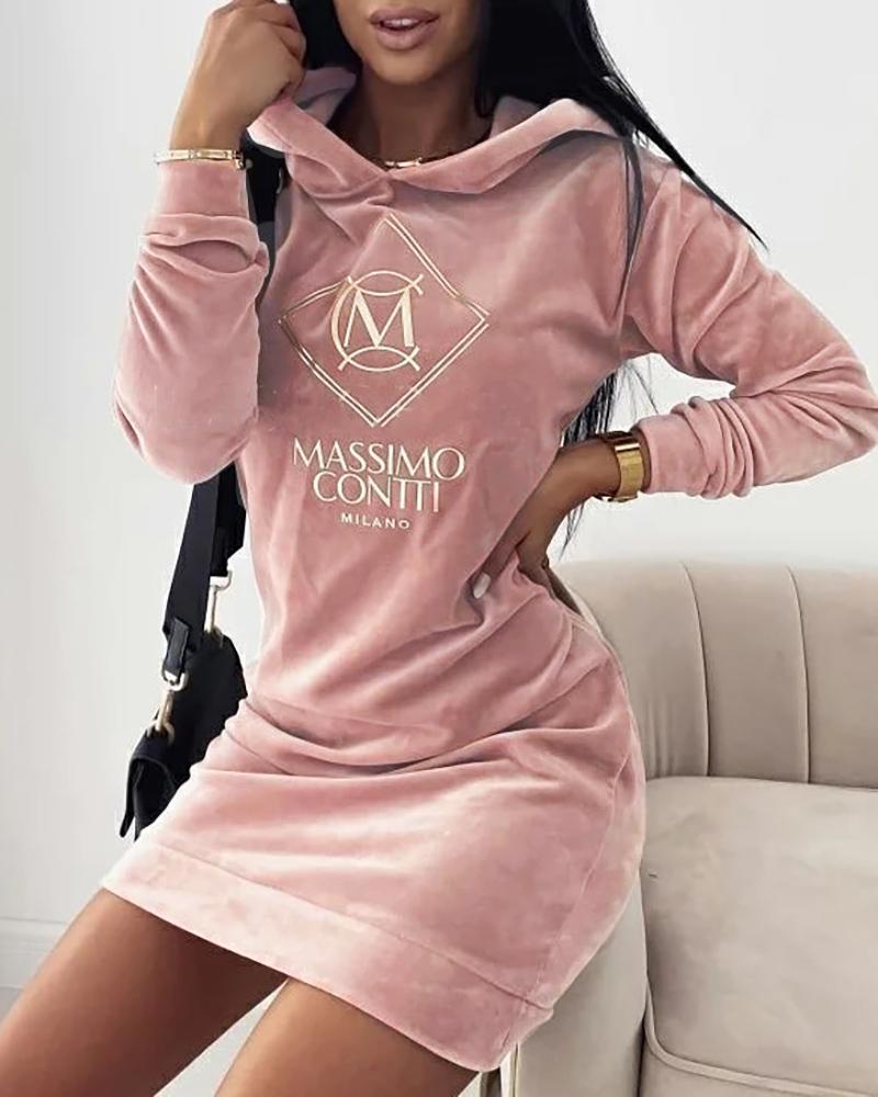 

Letter Embroidery Velvet Hooded Sweatshirt Dress, Pink