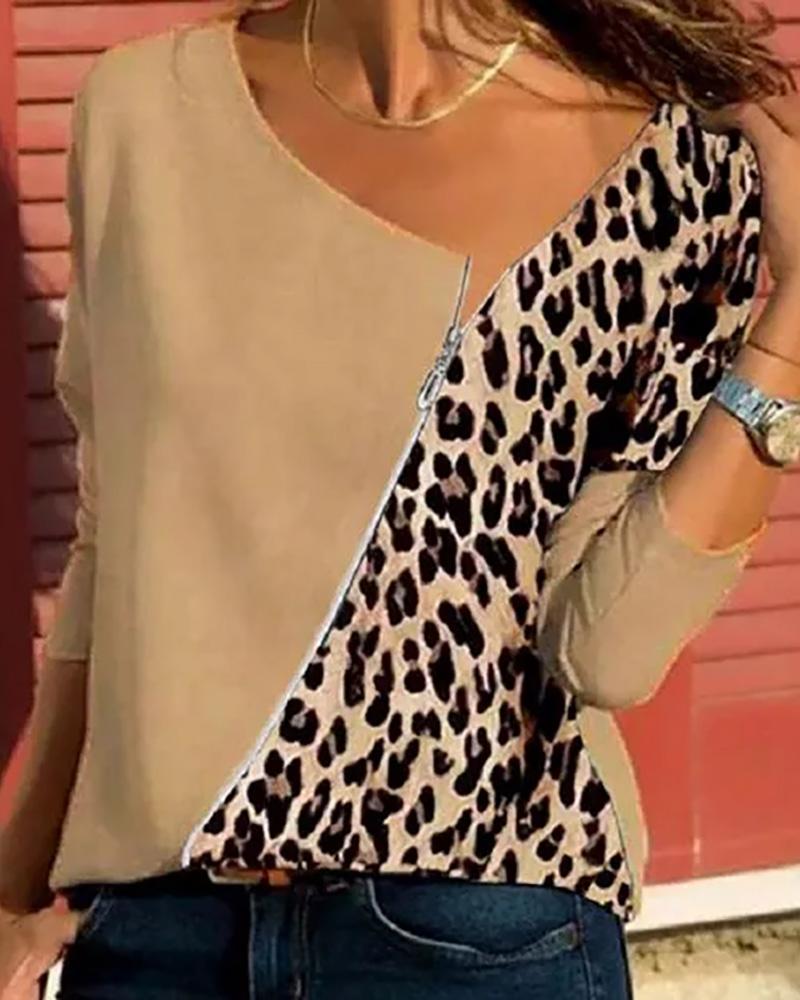 

Cheetah Print Zipper Front Long Sleeve Casual Top, Khaki