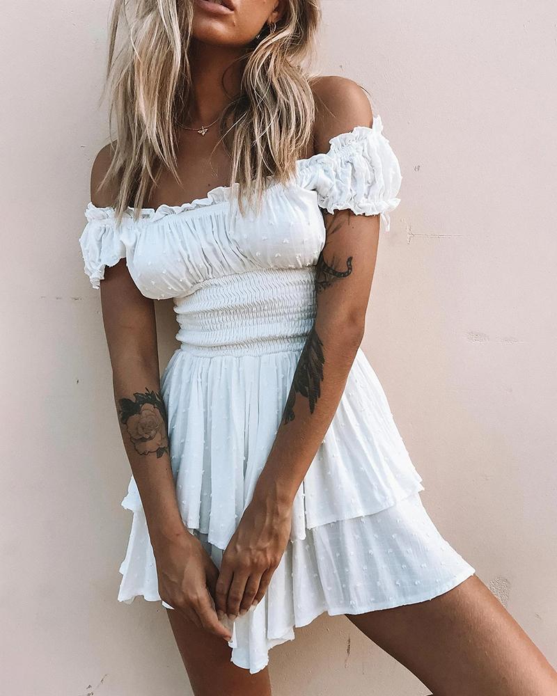 

Off Shoulder Frill Hem Swiss Dot Dress, White