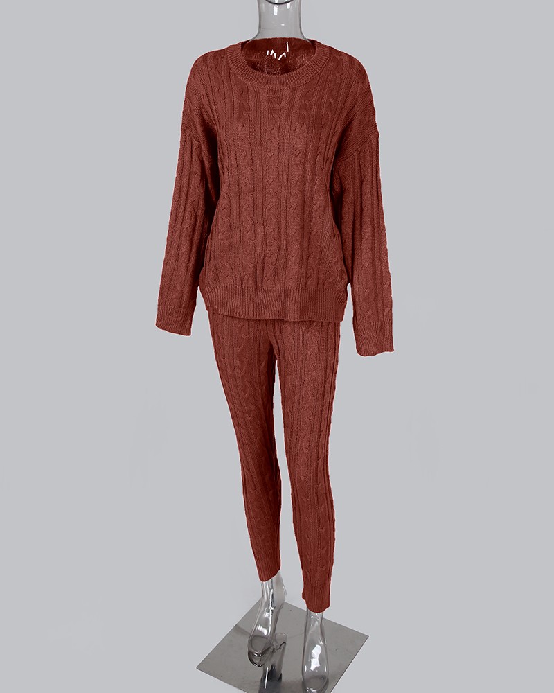Solid Ribbed Knitting Casual Sweater & Pants Sets