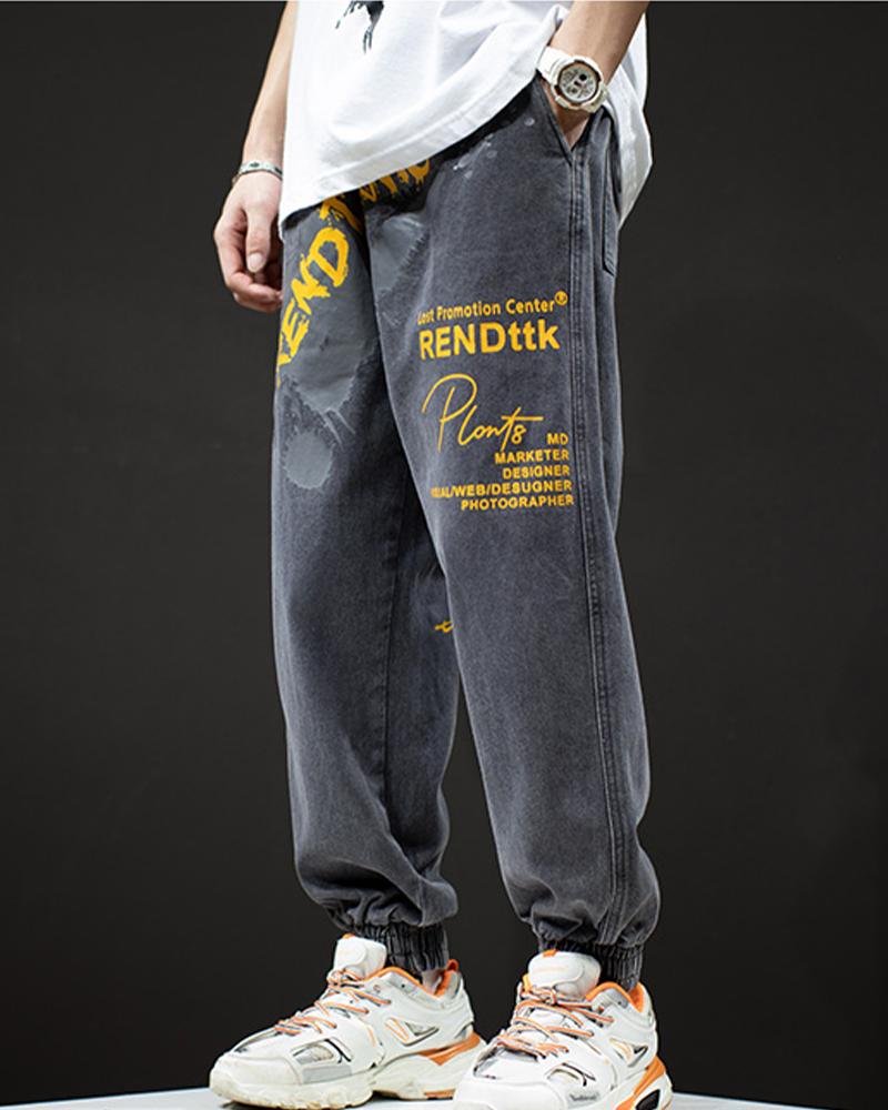 

Letter Print Loose Wide Leg Denim Pants, Black