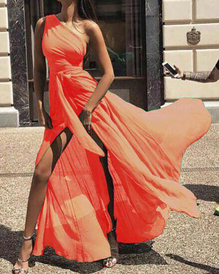 

One Shoulder Tie Waist High Slit Maxi Dress, Orange