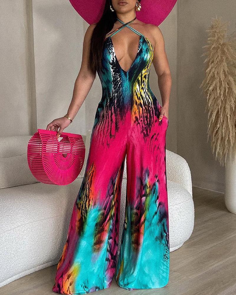 

Tie Dye Print Pocket Design Wide Leg Jumpsuit, Pink