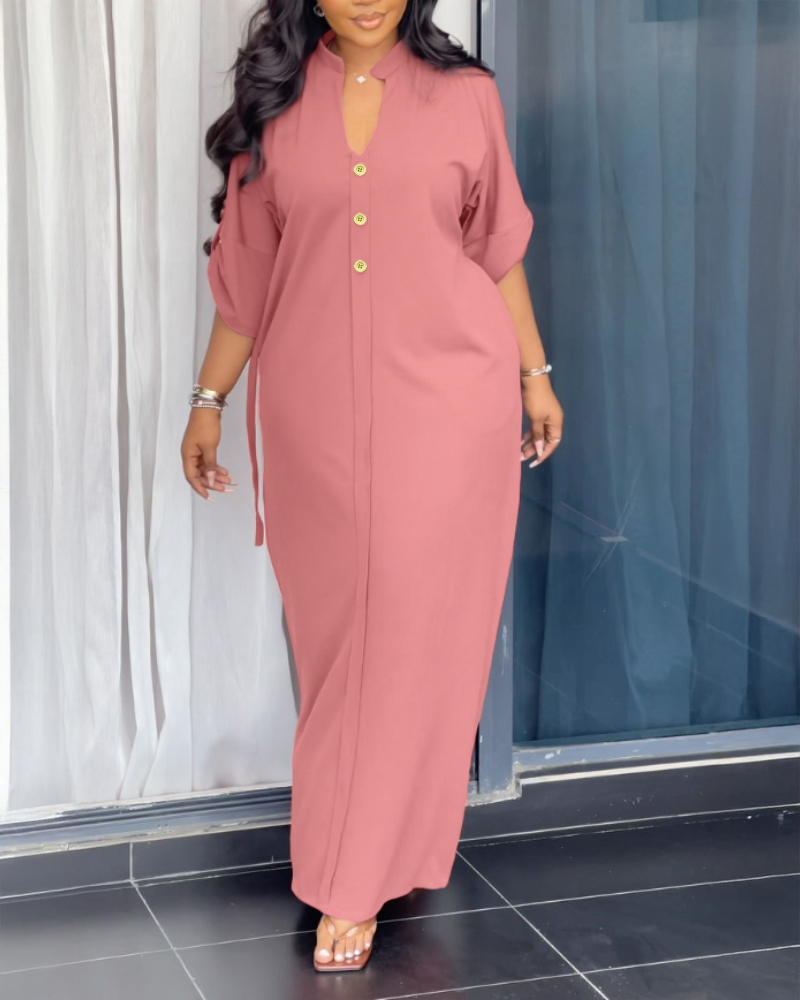 

Robe longue unie à col montant et boutons sur le devant, robe décontractée fendue avec détails noués, Pink
