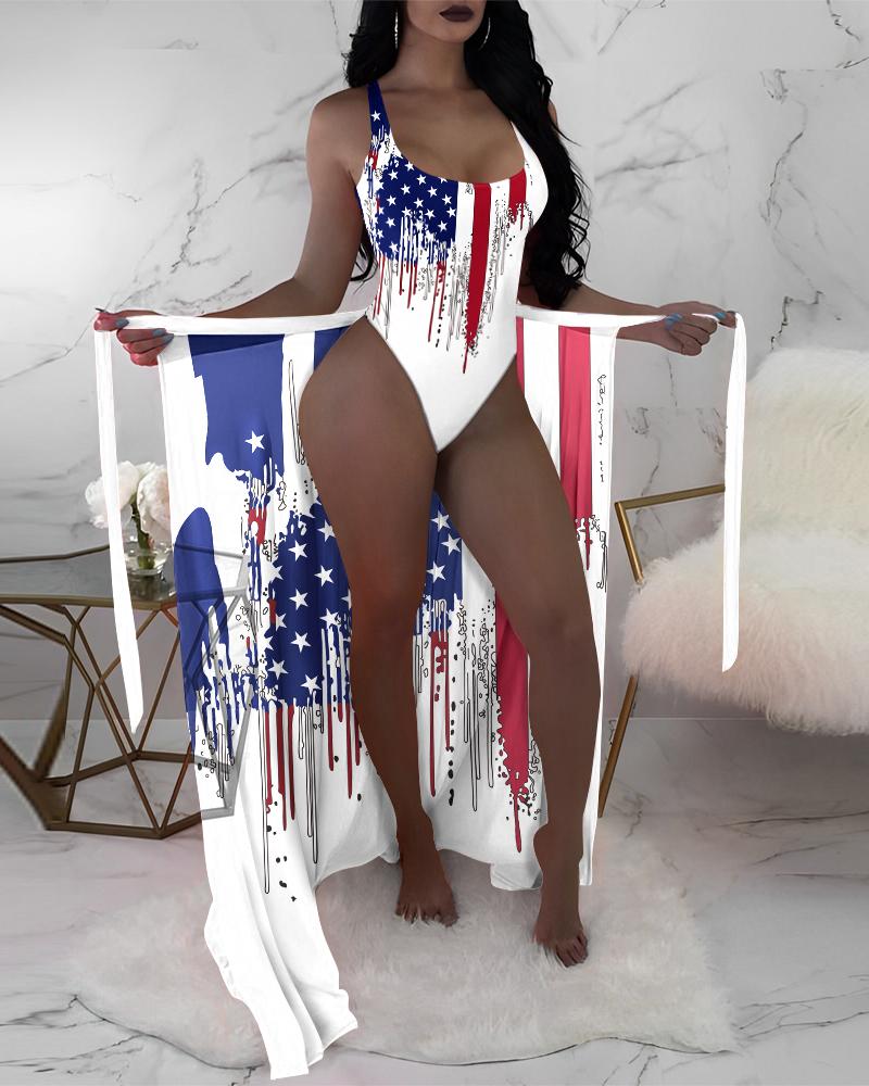 

Independence Day Flag Print One Piece Swimsuit With Cover Up, Multicolor