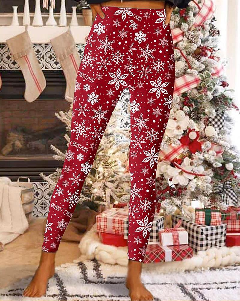 

Christmas Snowflake Print High Waist Fleece Lined Leggings, Red