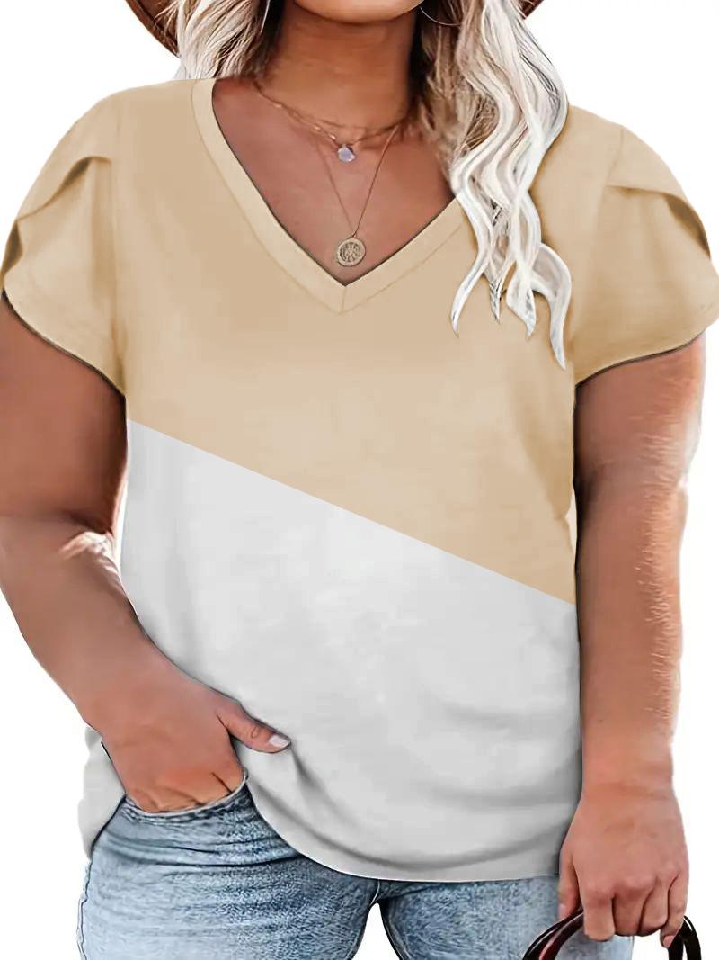 

Plus Size Colorblock Petal Sleeve V-Neck T-Shirt, Apricot