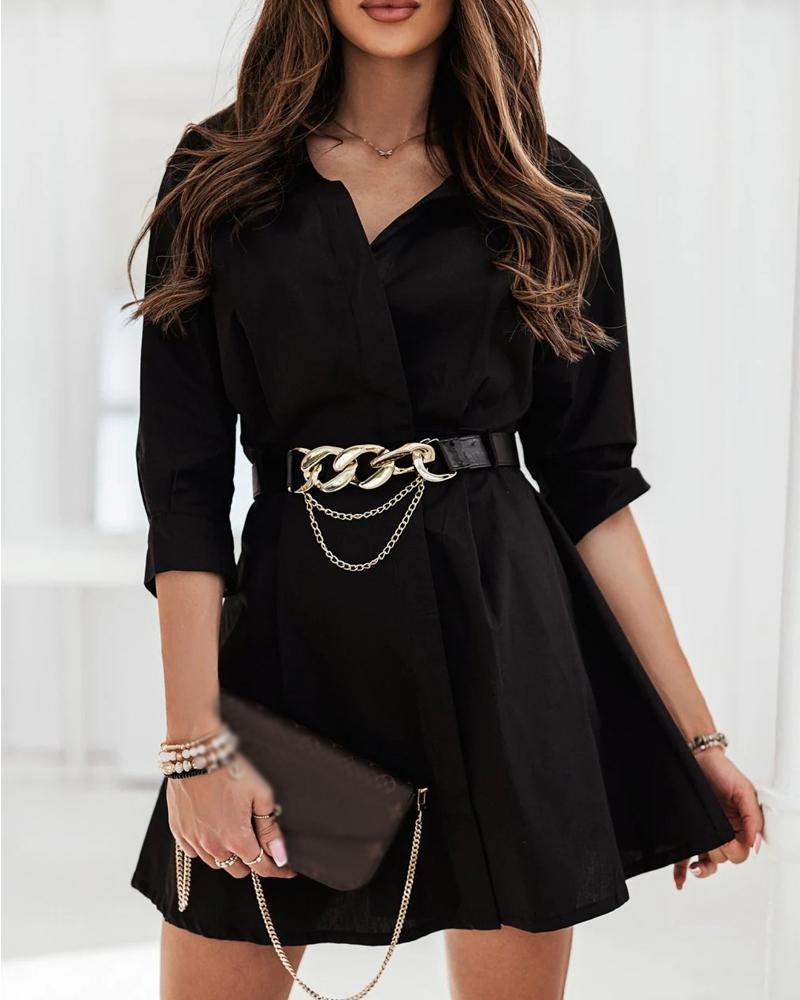 

Button Front Casual Shirt Dress With Chain Decor Belt, Black