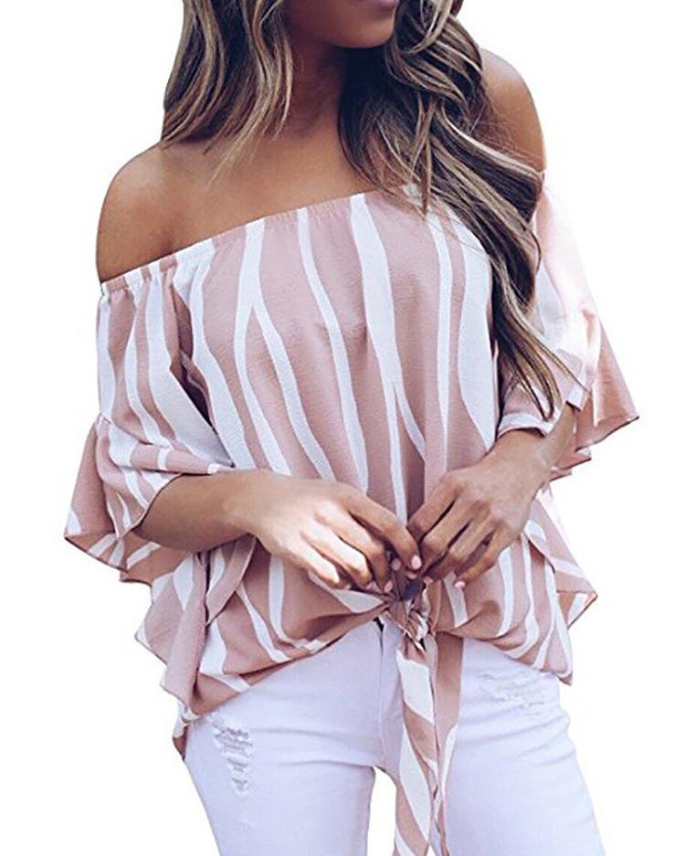 

Striped Knot Front Flared Sleeve Bardot Blouse, Pink
