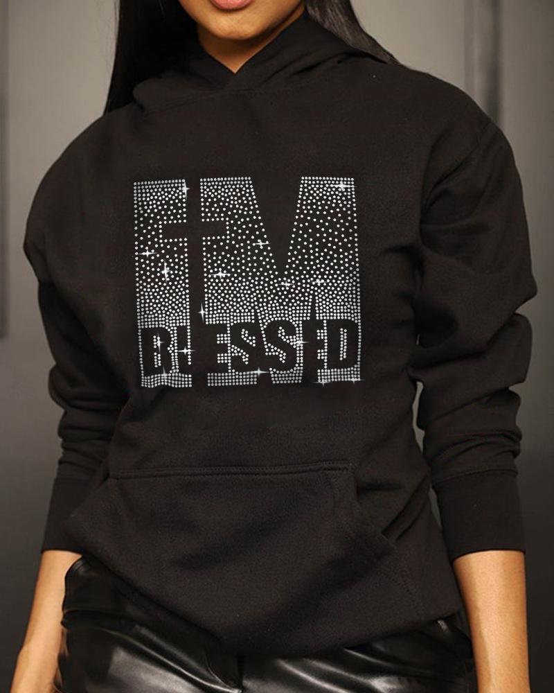 

Rhinestone I' Blessed Pattern Pocket Design Hoodie, Black