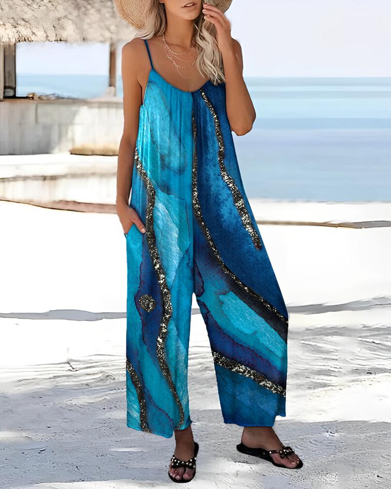 

Marble Print Spaghetti Strap Wide Leg Jumpsuit, Blue