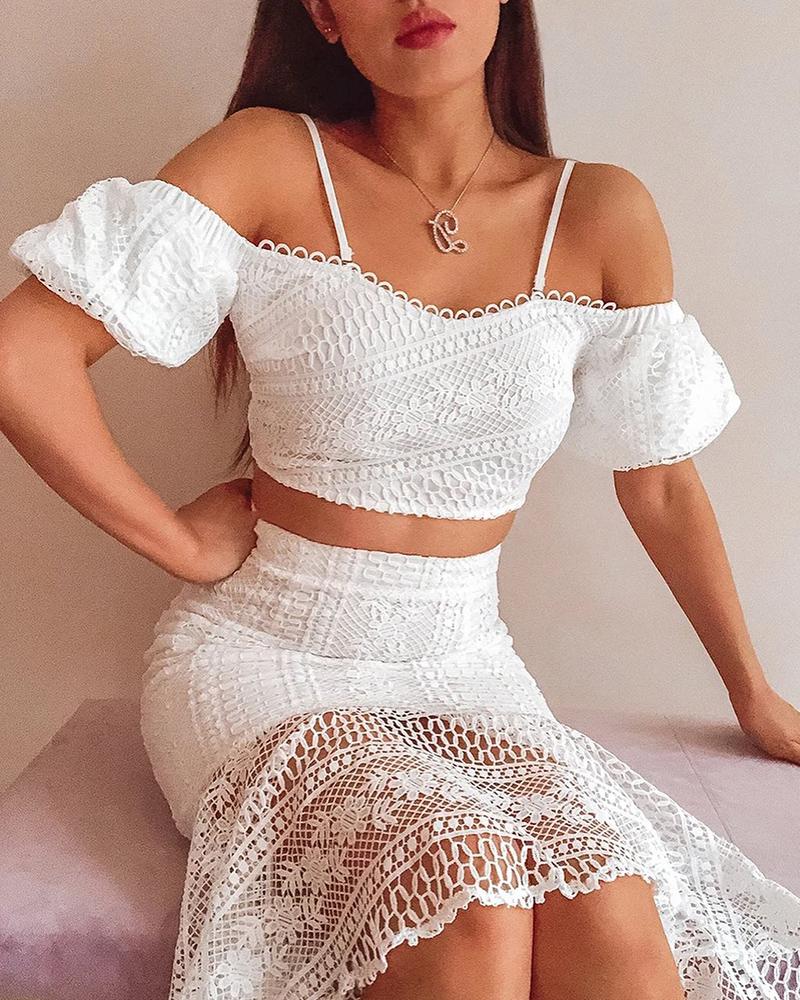 

Cold Shoulder Contrast Lace Lantern Sleeve Top & Midi Skirt Set, White