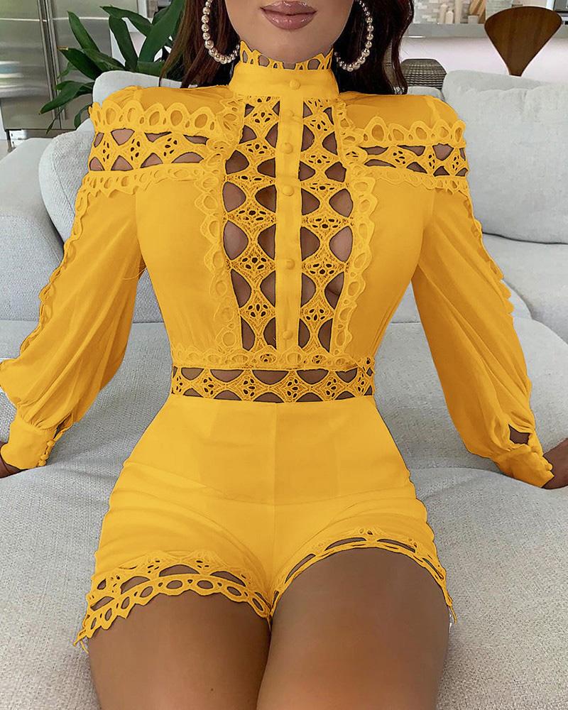 

Cutout Guipure Lace Patch Lantern Sleeve Romper, Yellow