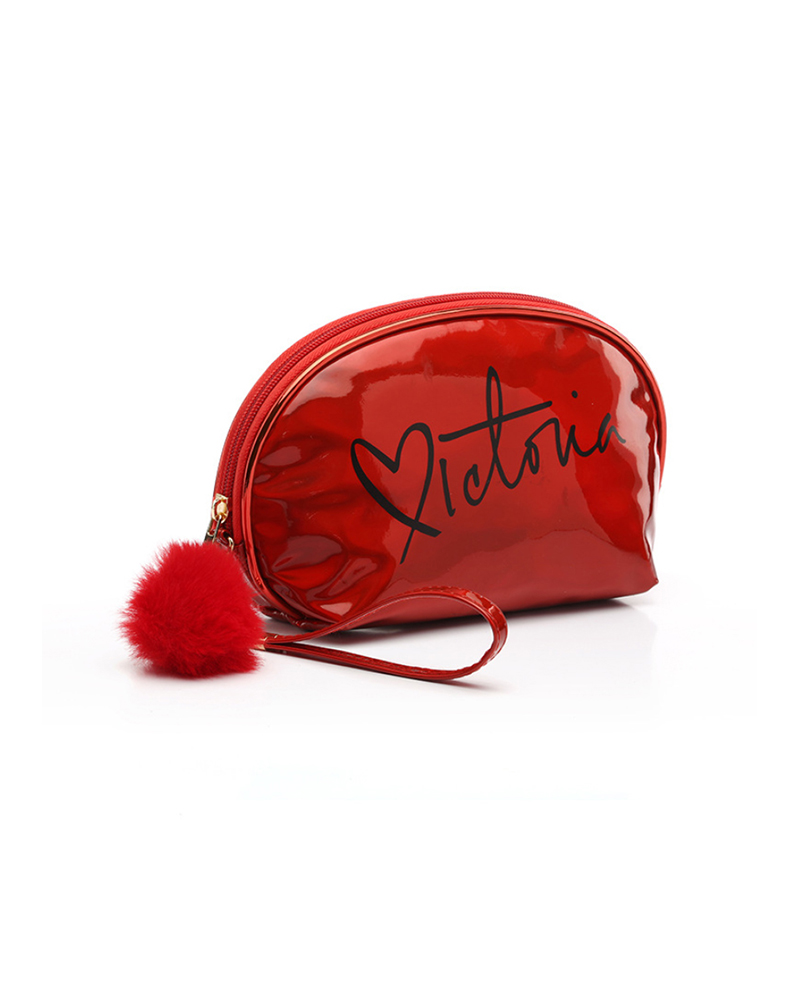 

Letter Print Laser Pom Pom Makeup Bag, Red