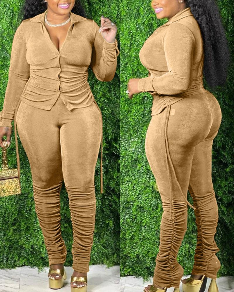 

Ruched Long Sleeve Top & High Waist Pants Set, Khaki