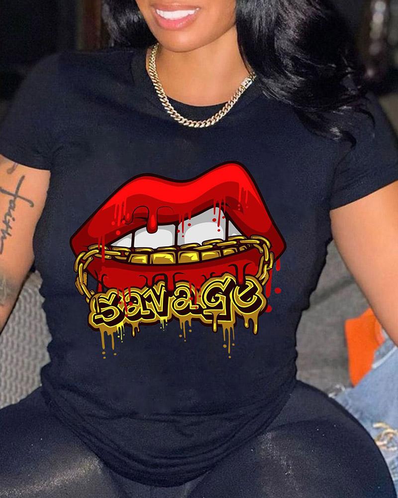 

Lip Letter Print T-Shirt, Black