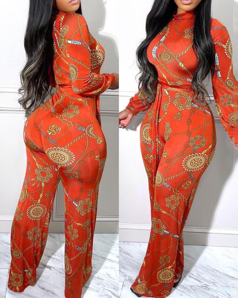 

Scarf Chain Print Long Sleeve Jumpsuit, Orange