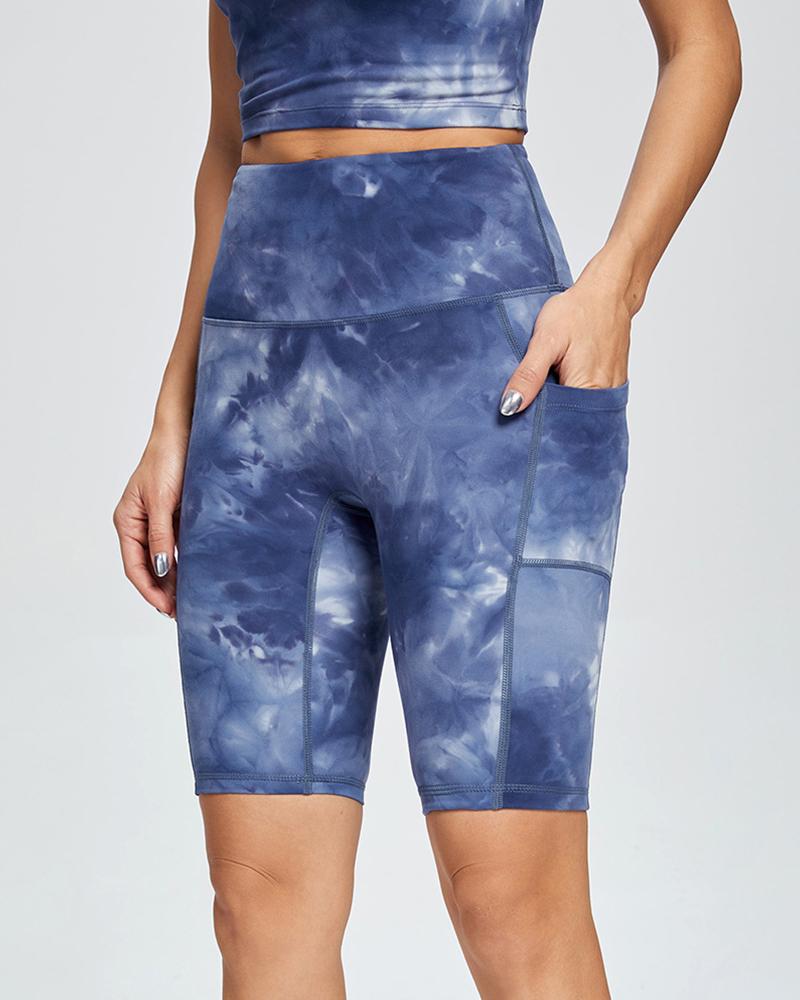 

Tie Dye Print High Waist Skinny Sport Short Pants, Blue
