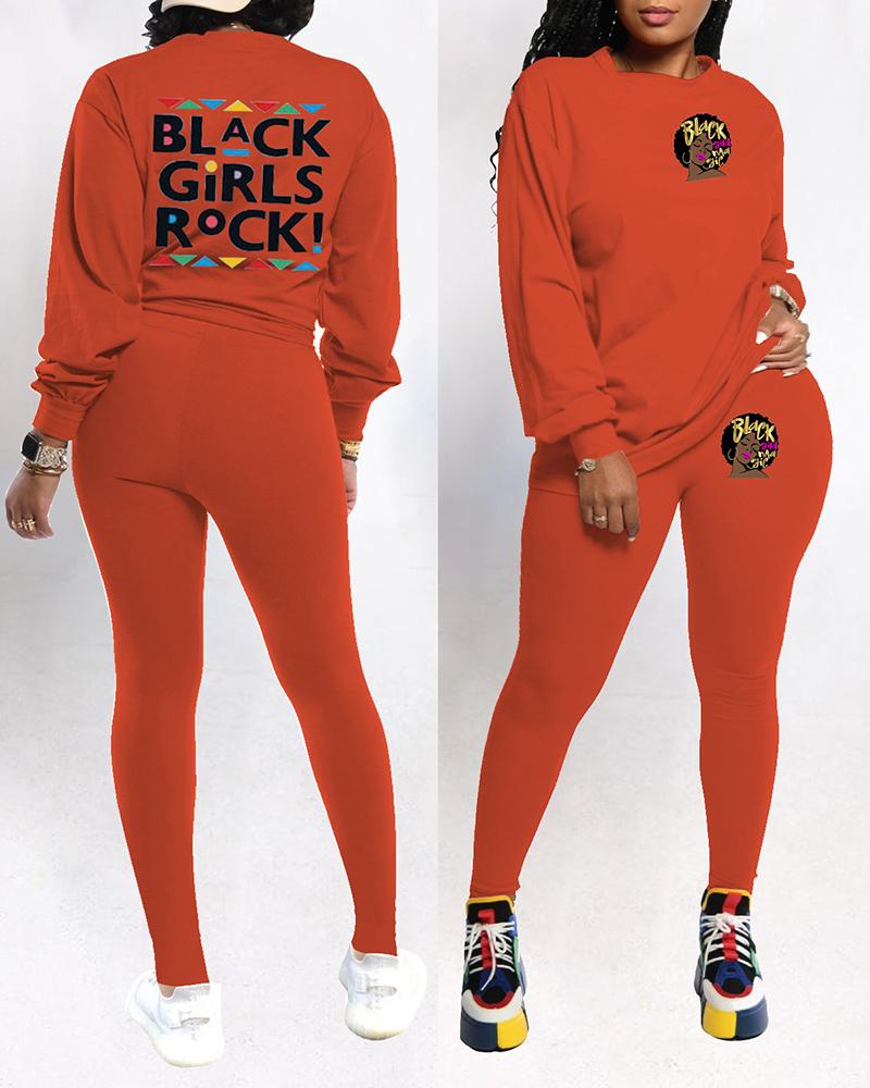 

Letter Print Long Sleeve Top & Pants Set, Orange