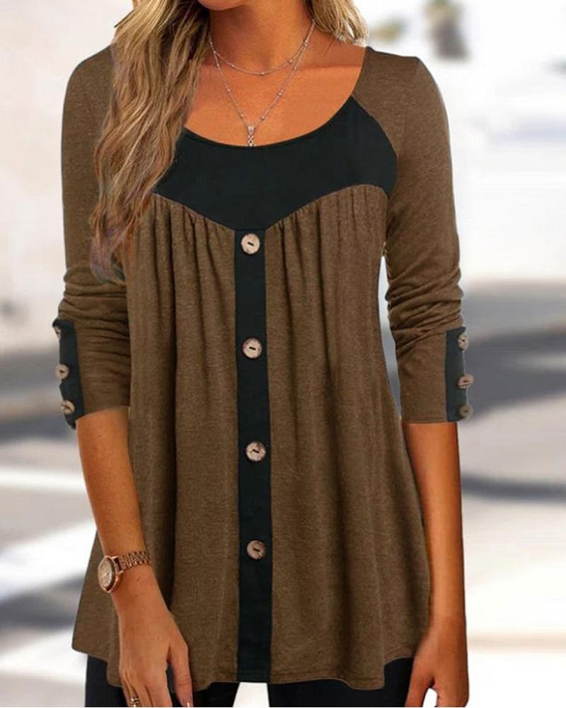 

Contrast Paneled Button Detail Long Sleeve Top, Light brown