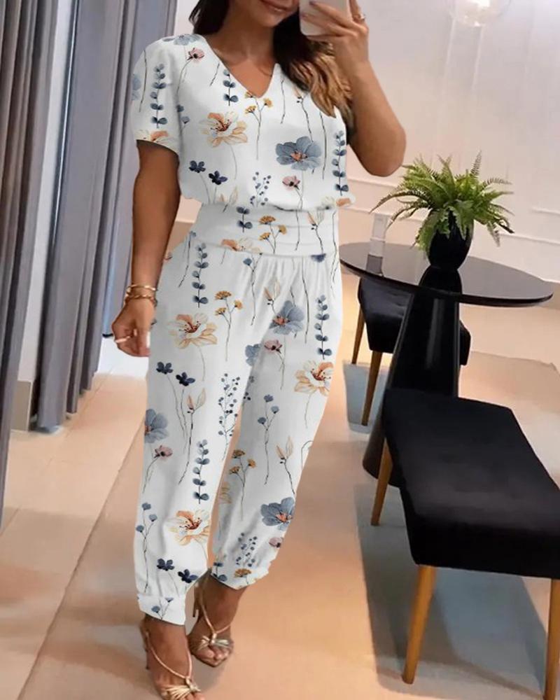 

Plus Size Floral Print Top & High Waist Pants Set, White