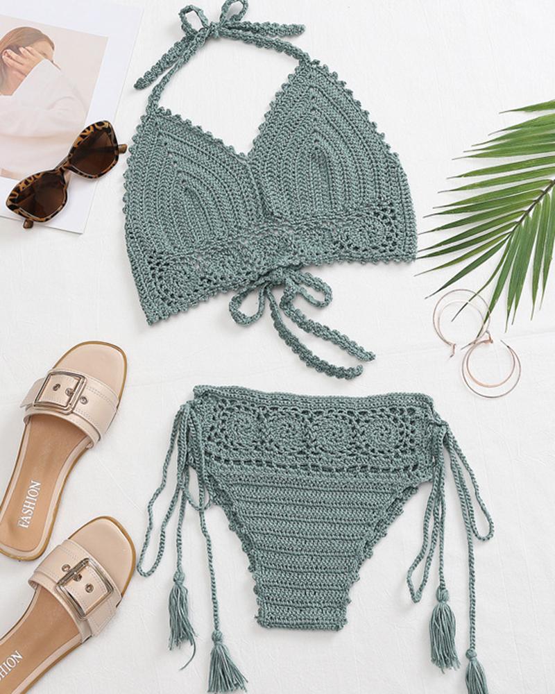 

Hollow Out Halter Tied Detail Crochet Bikini Set, Green