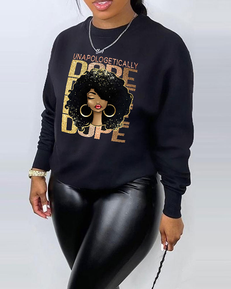 

Plus Size Figure Letter Print Long Sleeve Sweatshirt, Black