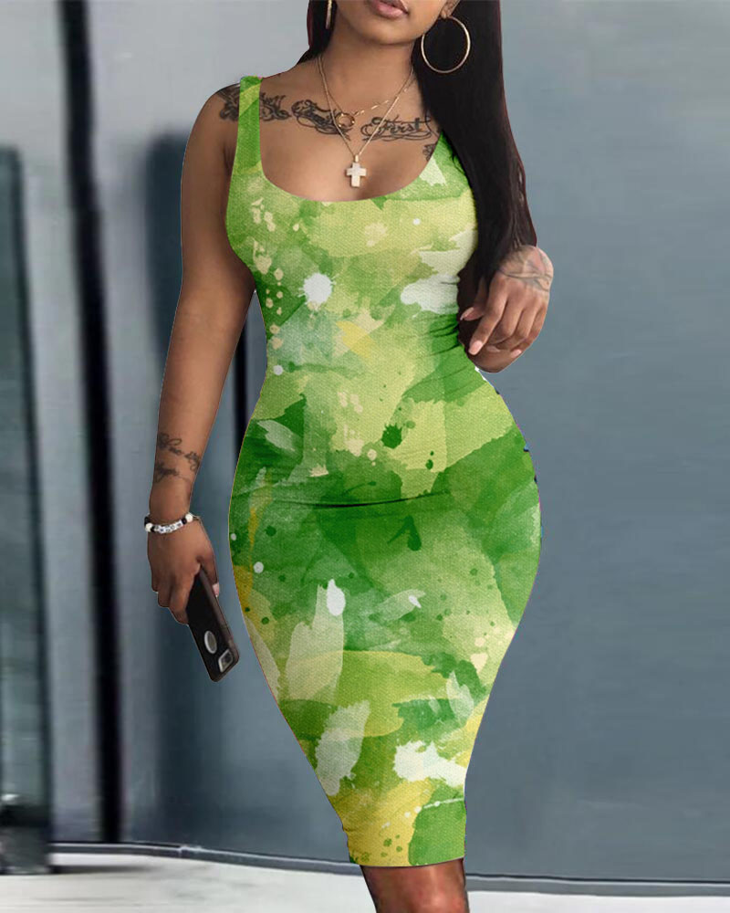 

Plus Size Abstract Print Sleeveless Bodycon Dress, Green