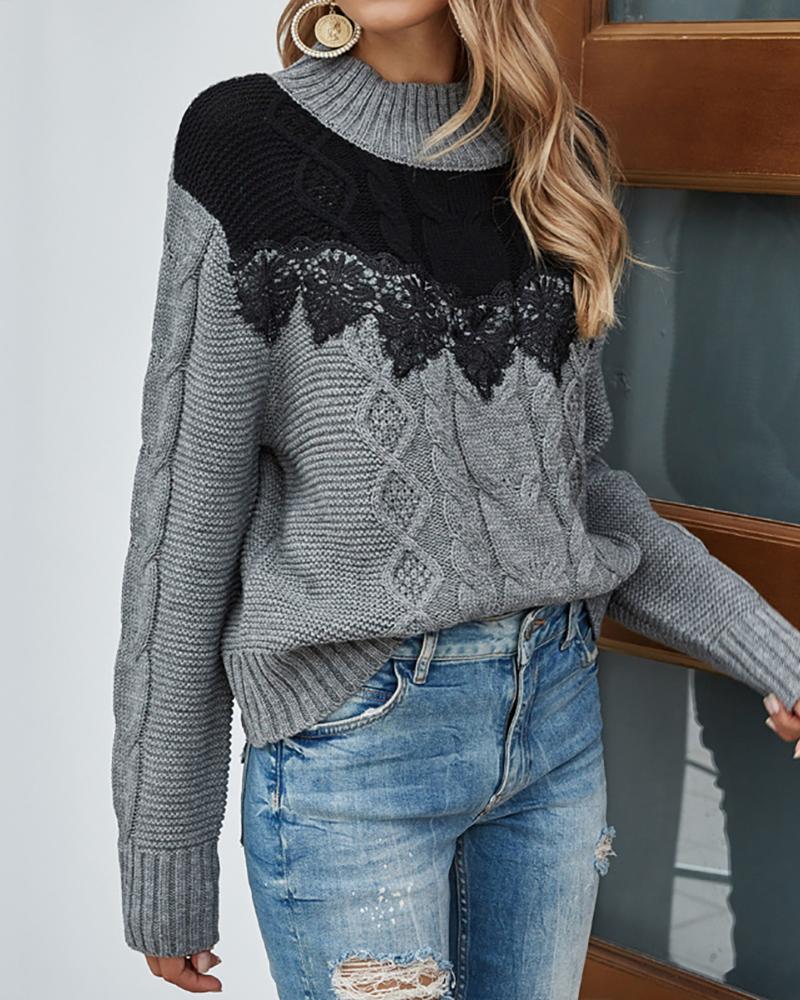 

Guipure Lace Colorblock Braided Sweater, Gray