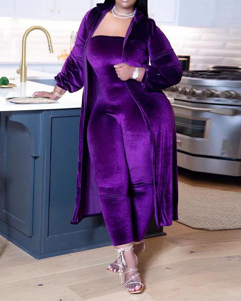 

Velvet Bandeau Jumpsuit With Longline Coat, Purple