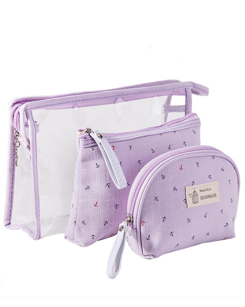 

3pcs Anchor Zipper Waterproof Accessories Organizer Cosmetic Makeup Toiletry Travel Bags Set, Purple