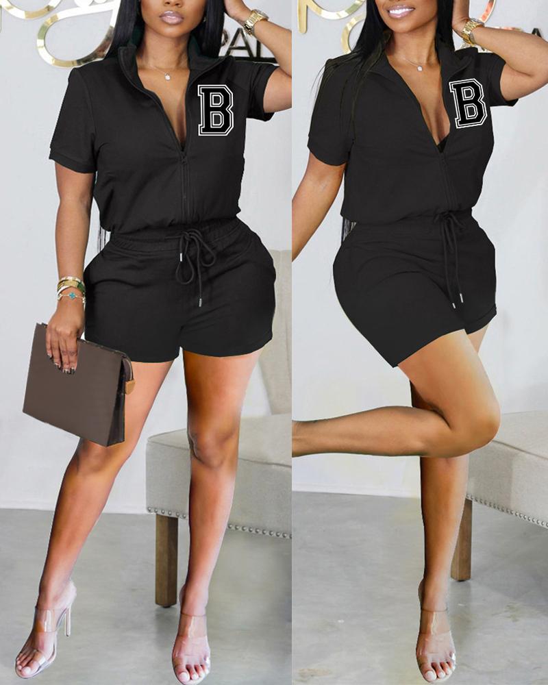 

Letter Print Zip Up Top & Drawstring Shorts Set, Black