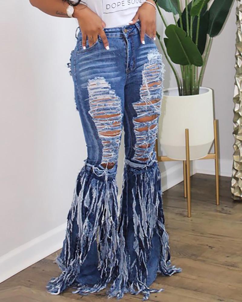 

Mid Waist Tassel Ripped Denim Pants, Blue