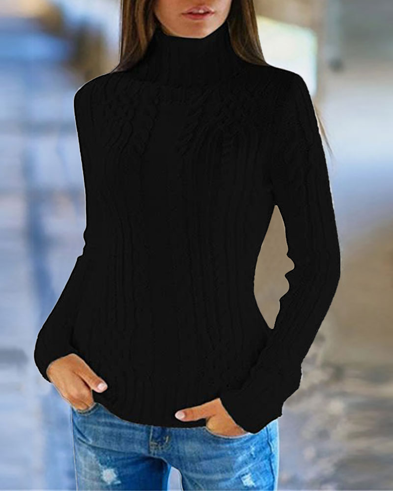 

Long Sleeve High Neck Cable Knit Sweater, Black