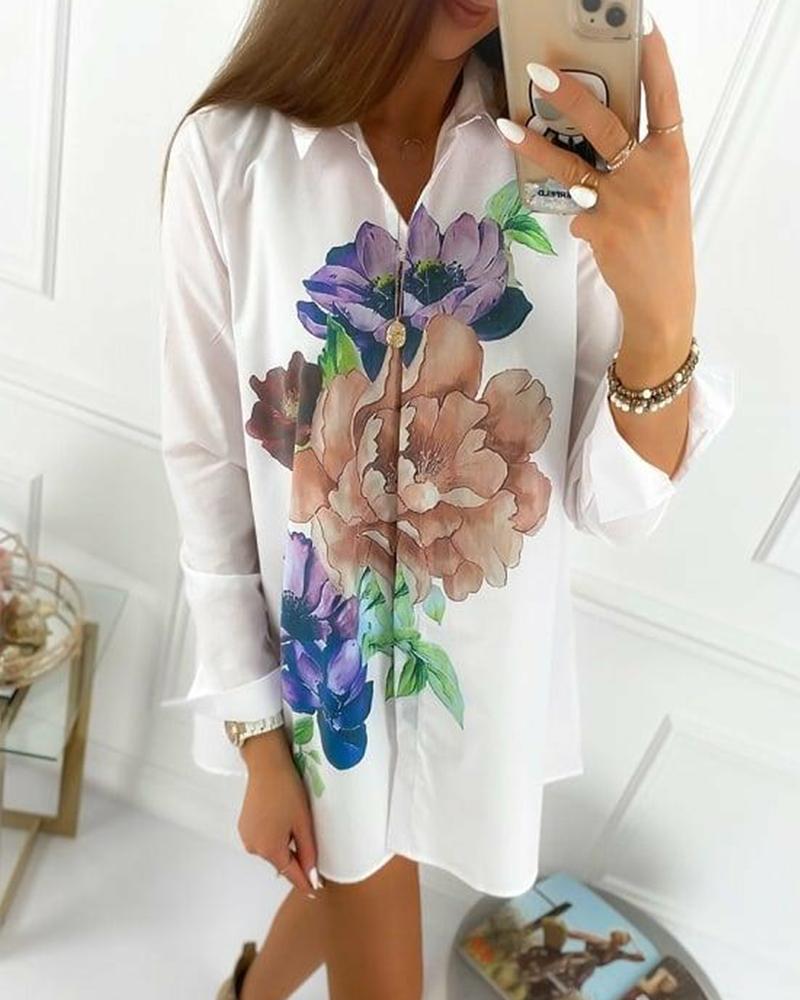 

Floral Print Button Front Shirt Dress, White