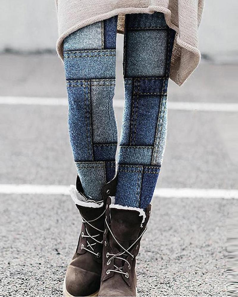 

Denim Look Print Leggings, Blue
