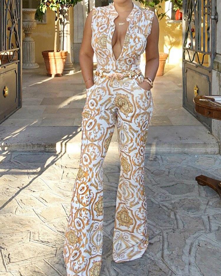 

Plunge Print Sleeveless Wide Leg Jumpsuit, White
