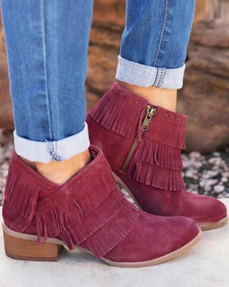 

Zipper Tassel Design Ankle Boots, Wine red